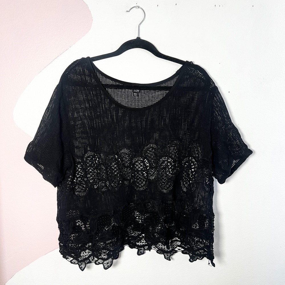 Black Lace Crochet Top Womens XL Floral Resort Vacation Beach Summer
